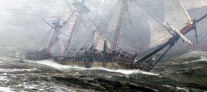 Movie still: HMS Surprise encouters a fierce storm at Cape Horn